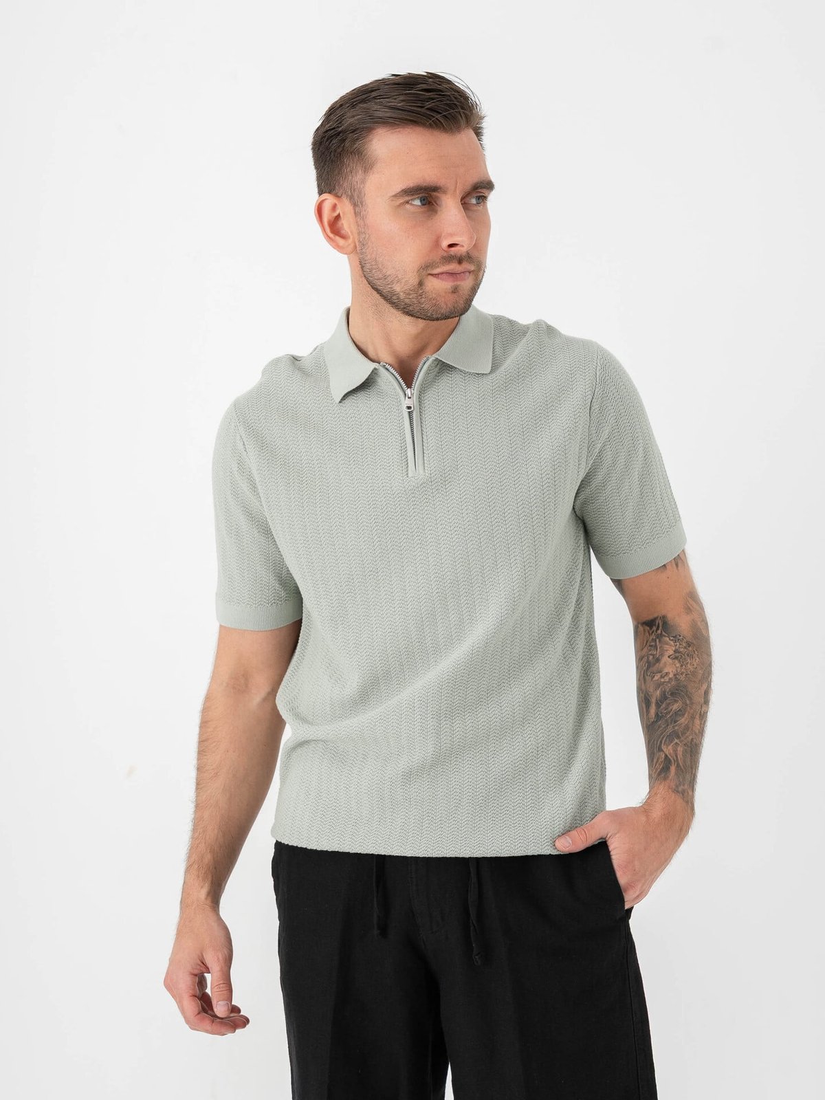 Selected Homme Cran Short Sleeve Knit Structure Zip Polo Aqua Gray