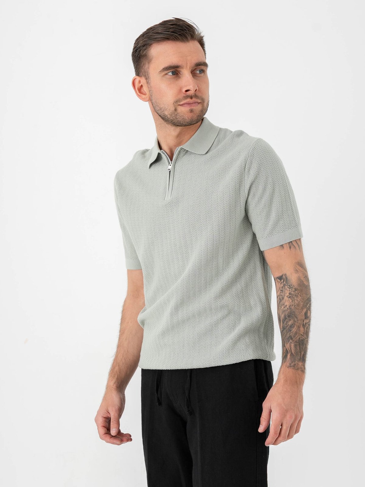 Selected Homme Cran Short Sleeve Knit Structure Zip Polo Aqua Gray