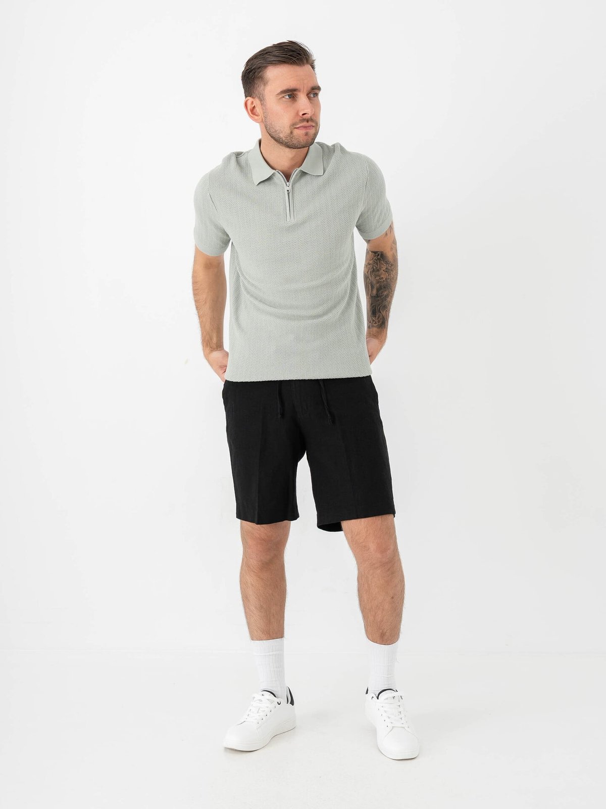 Selected Homme Cran Short Sleeve Knit Structure Zip Polo Aqua Gray