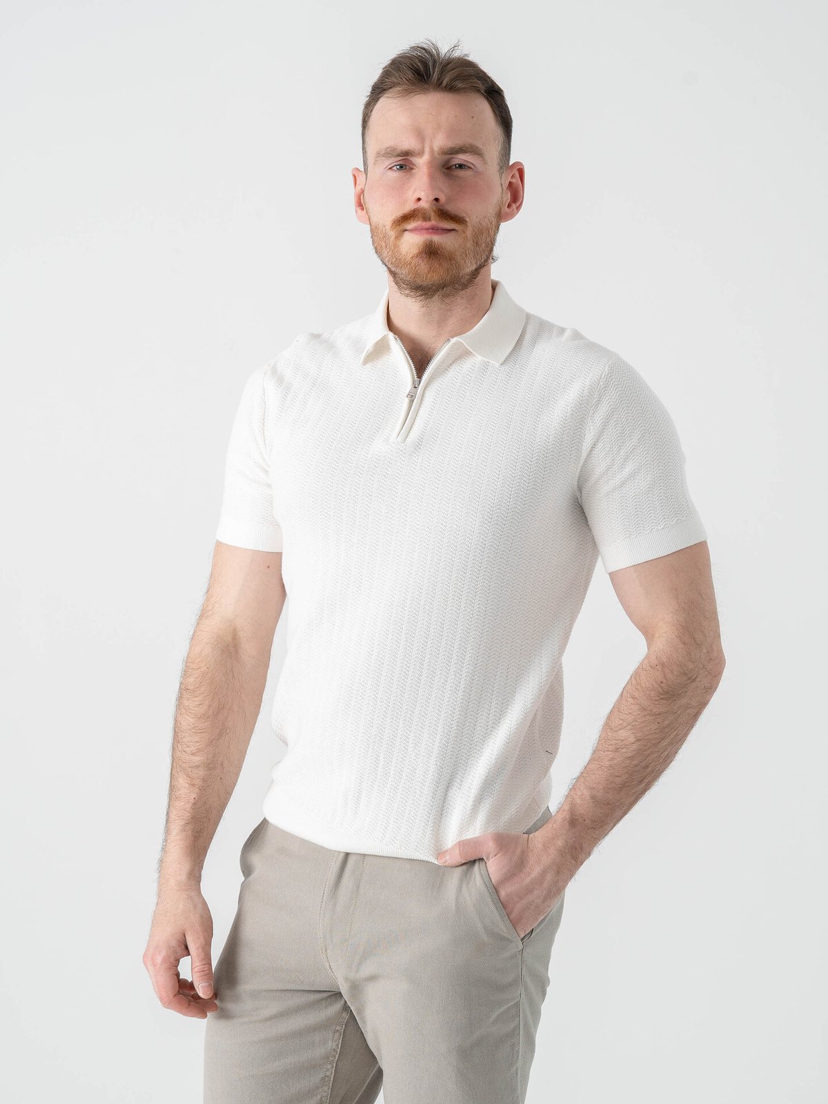Selected Homme Cran Short Sleeve Knit Structure Zip Polo Egret