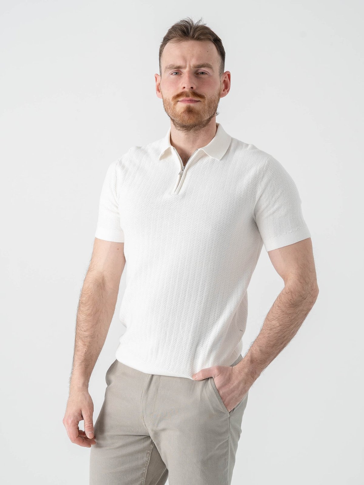 Selected Homme Cran Short Sleeve Knit Structure Zip Polo Egret