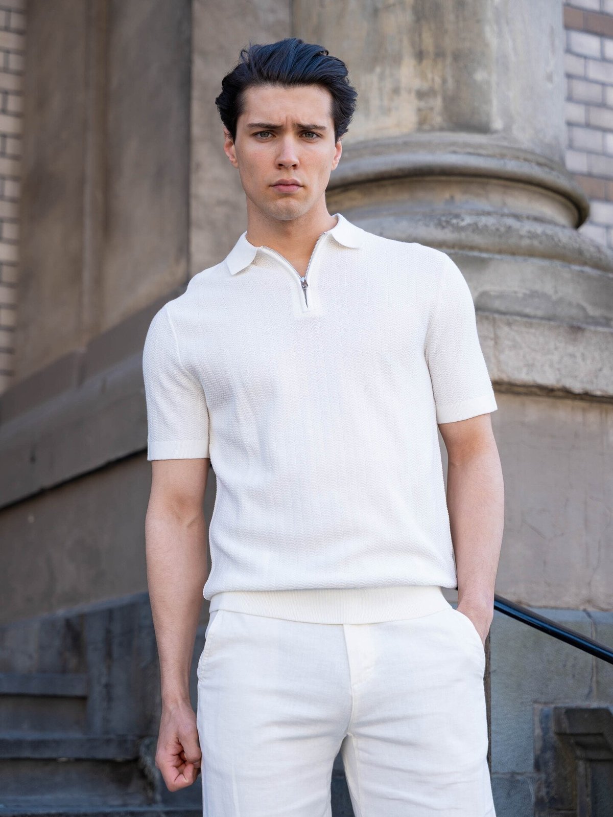 Selected Homme Cran Short Sleeve Knit Structure Zip Polo Egret