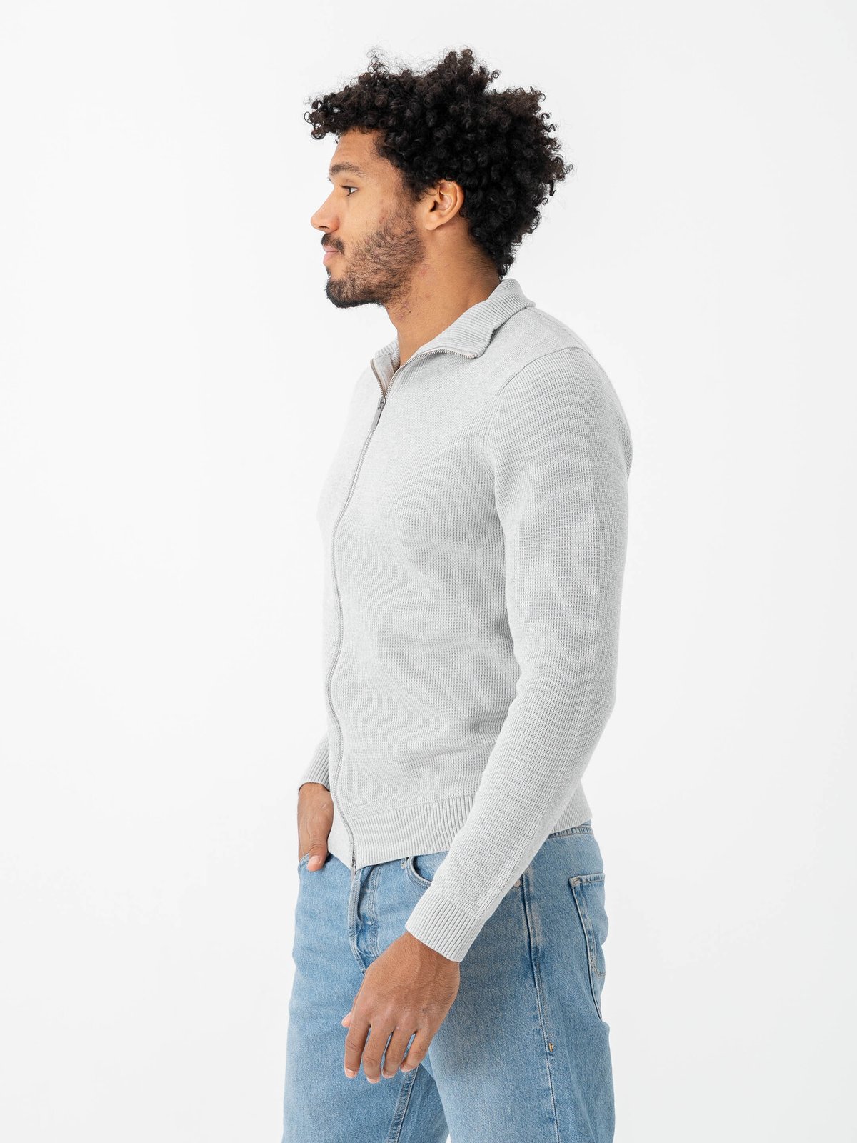 Selected Homme Dane Long Sleeve Knit Structure Full Zip Light Grey Melange