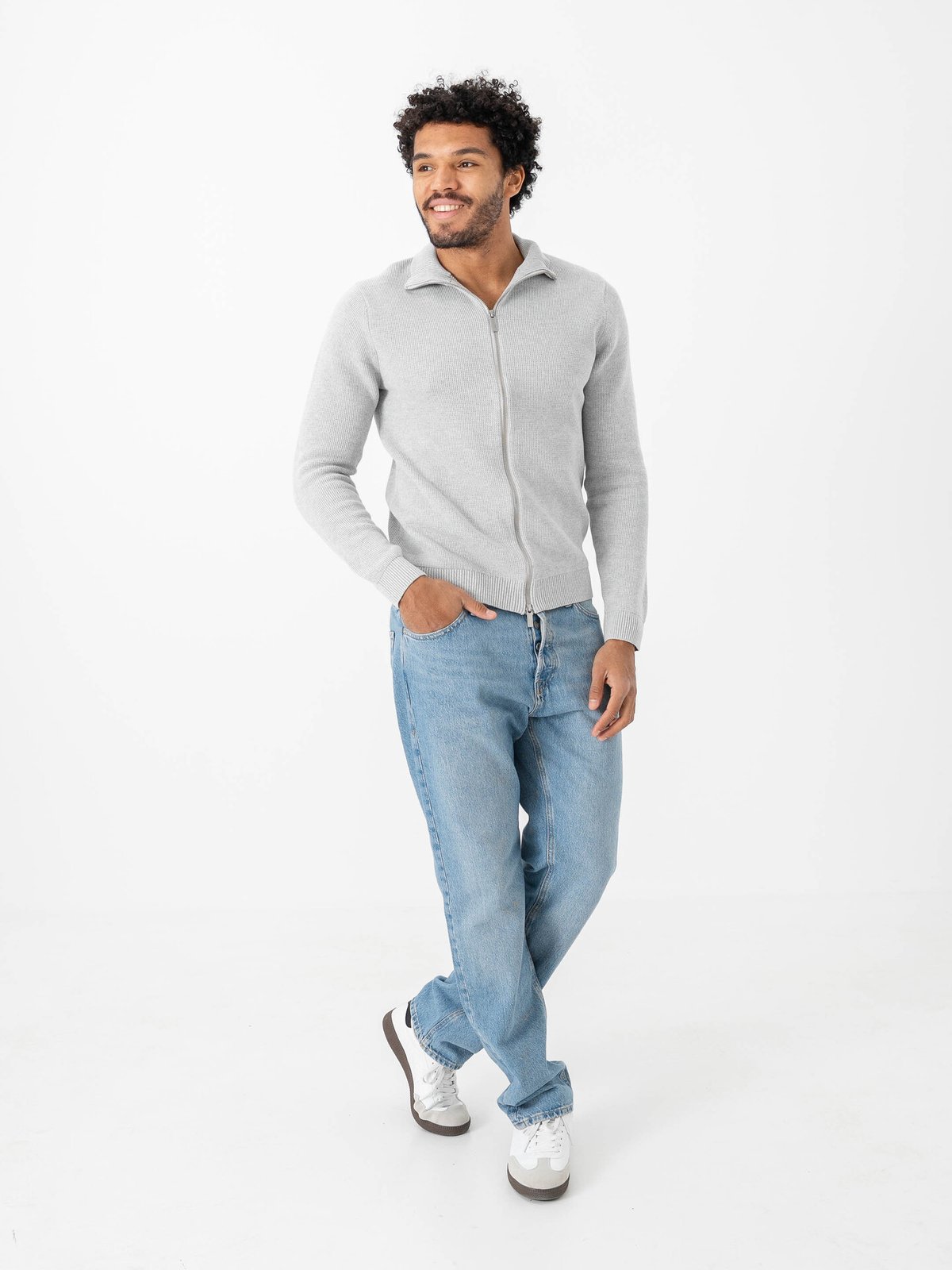 Selected Homme Dane Long Sleeve Knit Structure Full Zip Light Grey Melange
