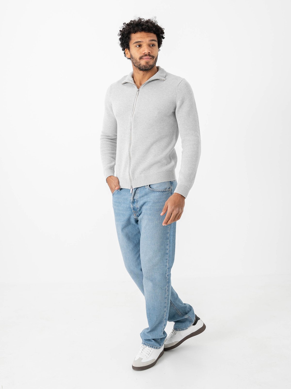 Selected Homme Dane Long Sleeve Knit Structure Full Zip Light Grey Melange