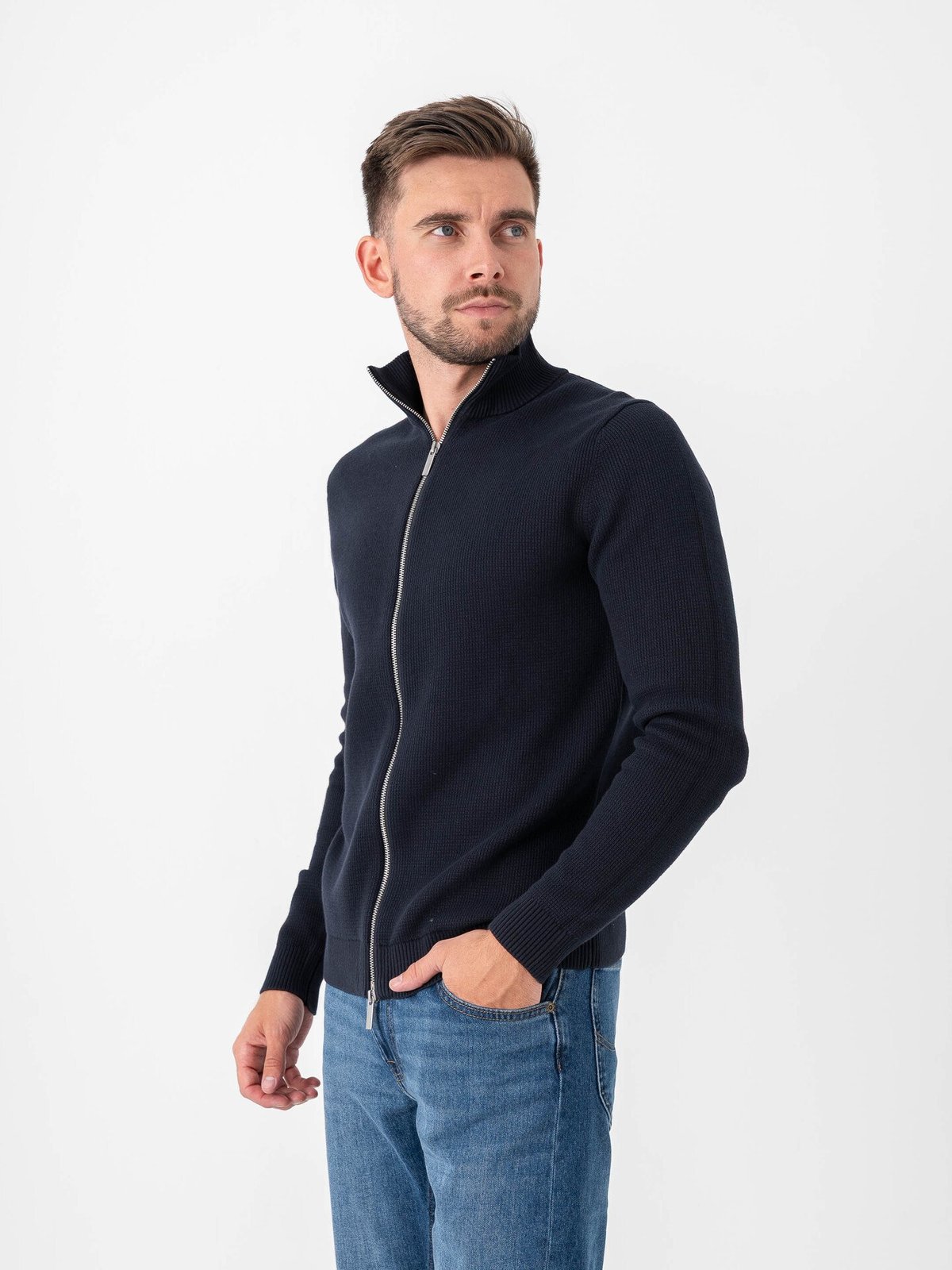 Selected Homme Dane Long Sleeve Knit Structure Full Zip Sky Captain