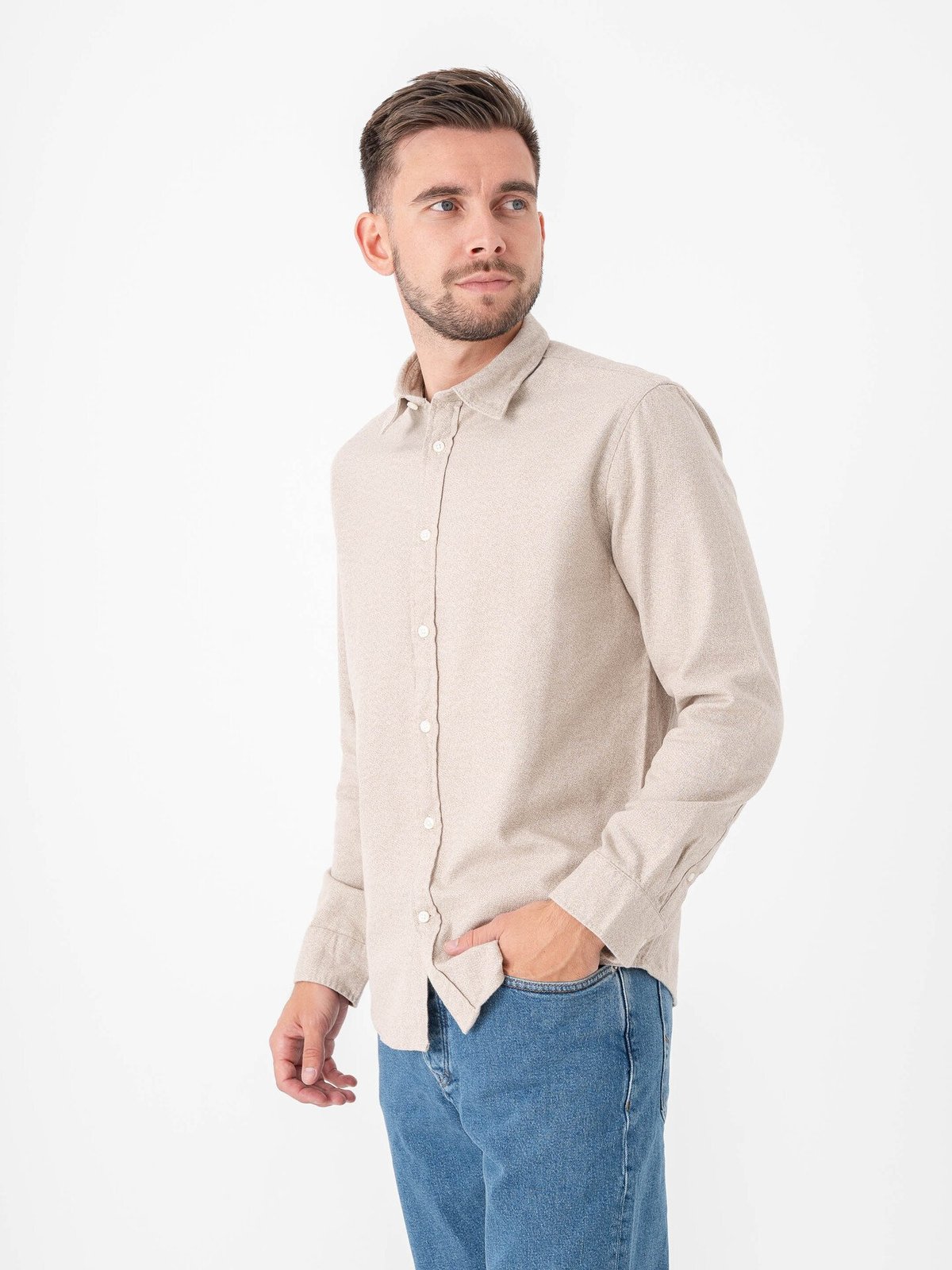 Selected Homme Regular Noah Brushed Twist Shirt Long Sleeve Egret Twisted - Chinchilla