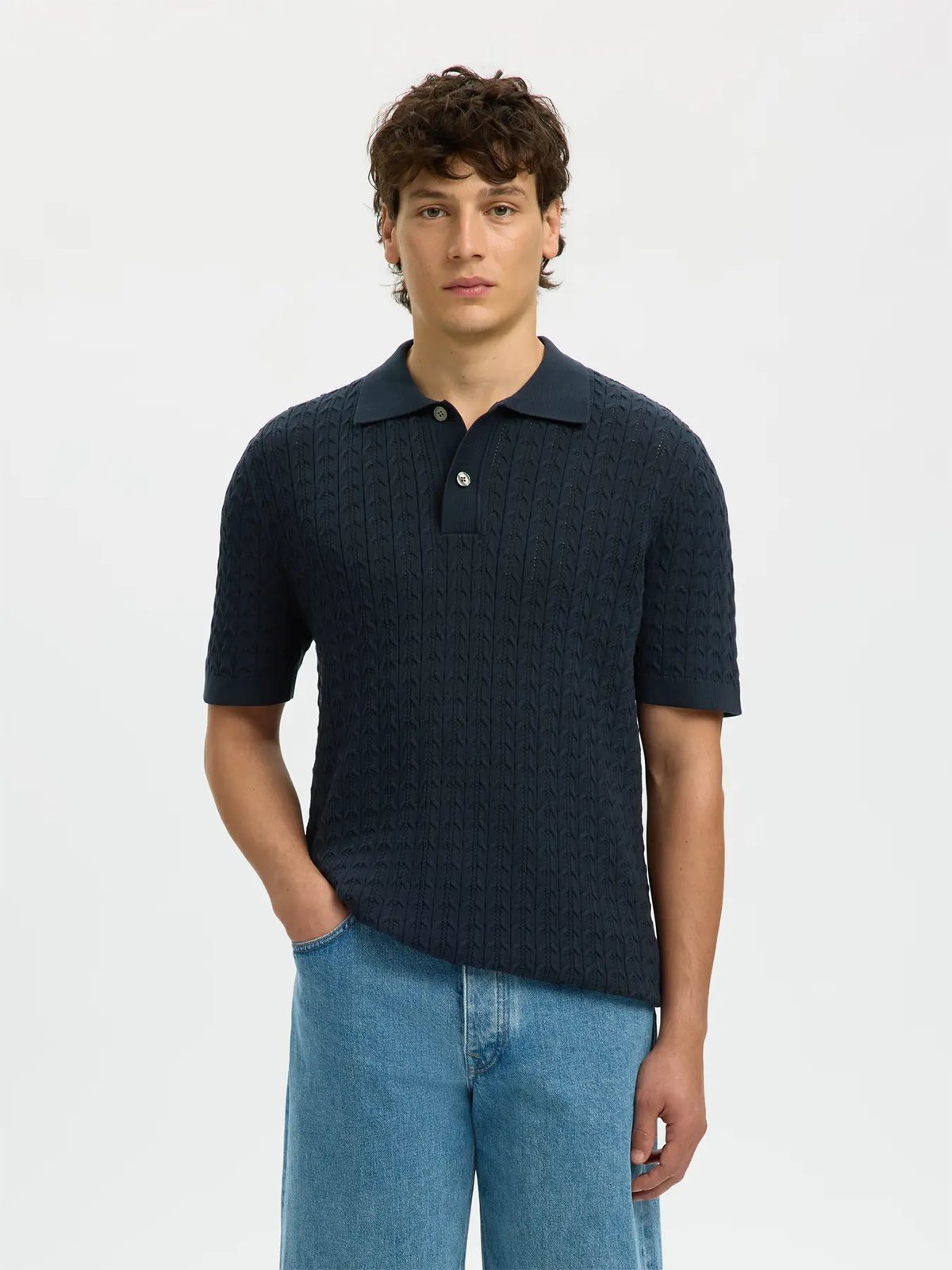 Selected Homme Mattis Short Sleeve Knit New Cable Polo Sky Captain