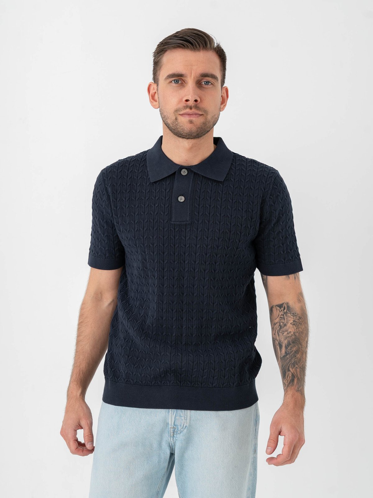 Selected Homme Mattis Short Sleeve Knit New Cable Polo Sky Captain