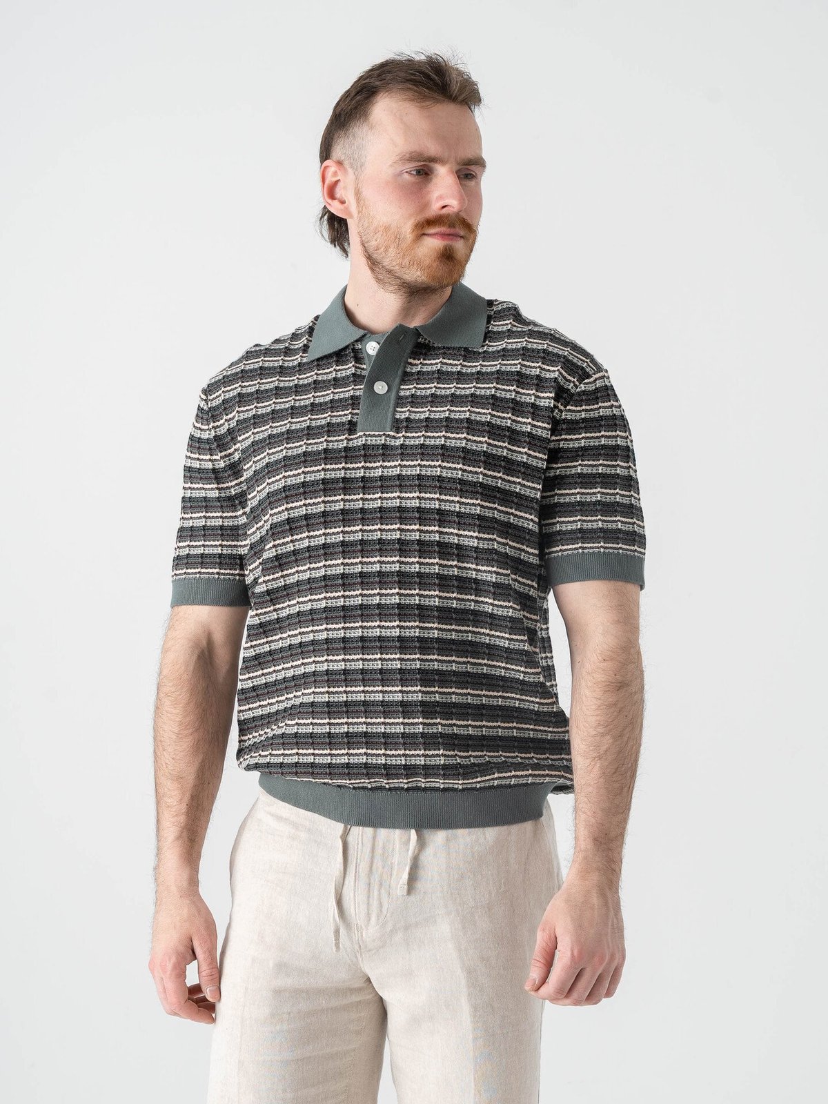 Selected Homme Dane Short Sleeve Knit Color Structure Polo Balsam Green Stripes