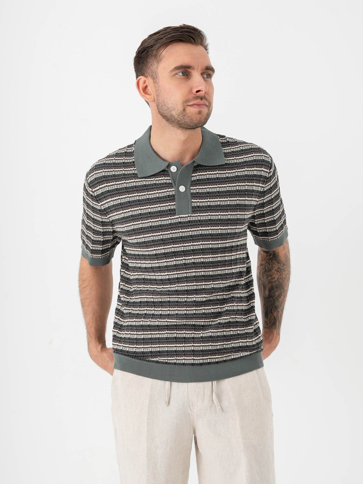 Selected Homme Dane Short Sleeve Knit Color Structure Polo Balsam Green Stripes