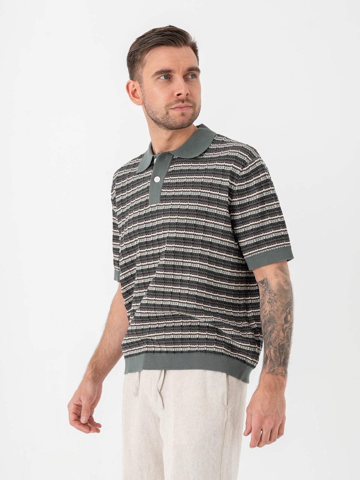 Selected Homme Dane Short Sleeve Knit Color Structure Polo Balsam Green Stripes