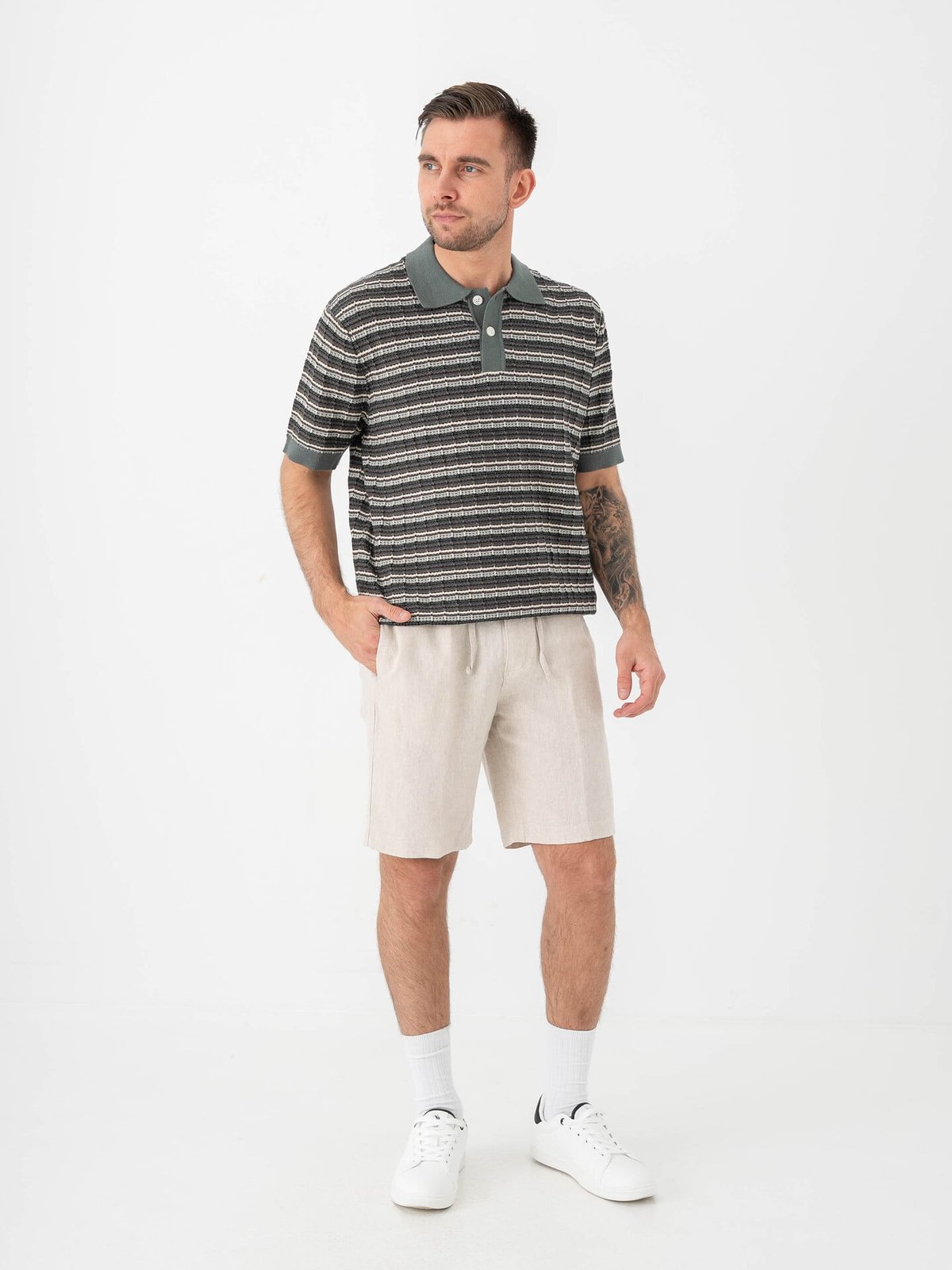 Selected Homme Dane Short Sleeve Knit Color Structure Polo Balsam Green Stripes