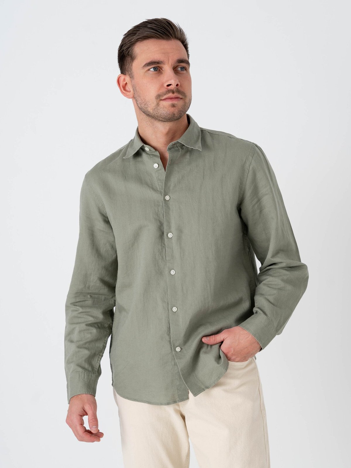 Selected Homme Regular Clay Linen Blend Long Sleeve Shirt Classic Vetiver