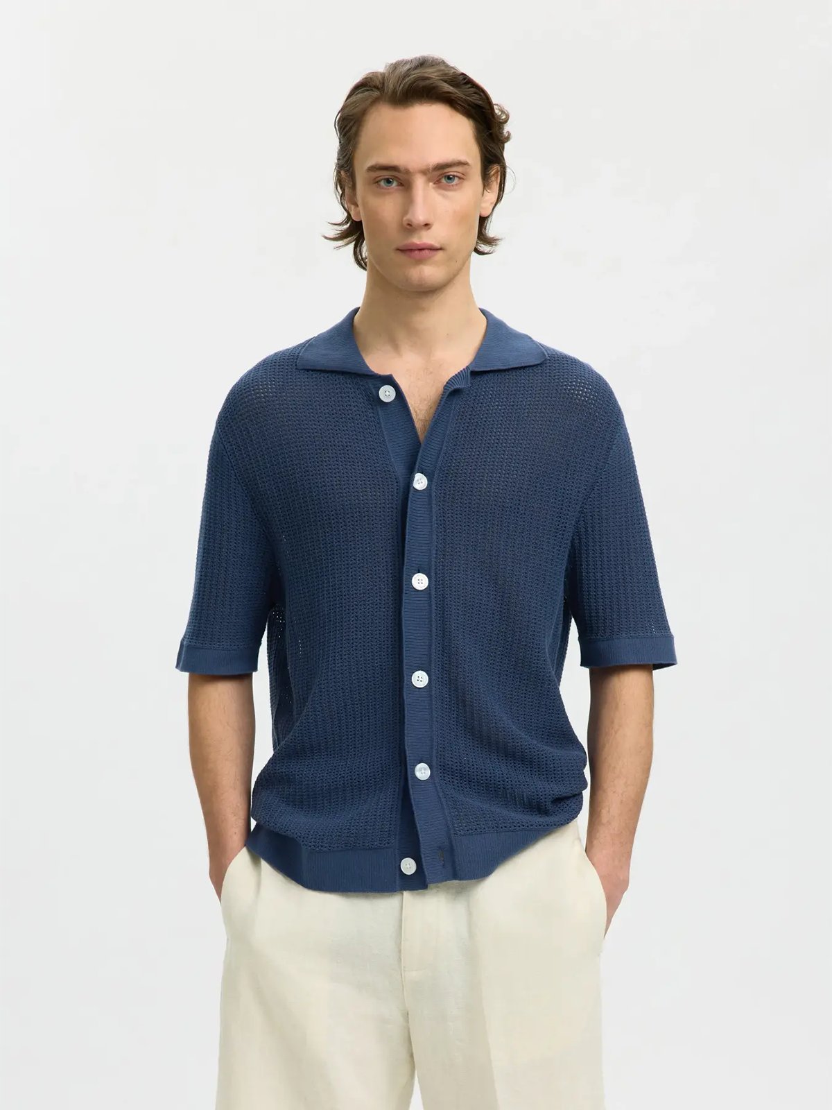 Selected Homme Shane Short Sleeve Open Structure Polo Cardigan Sargasso Sea