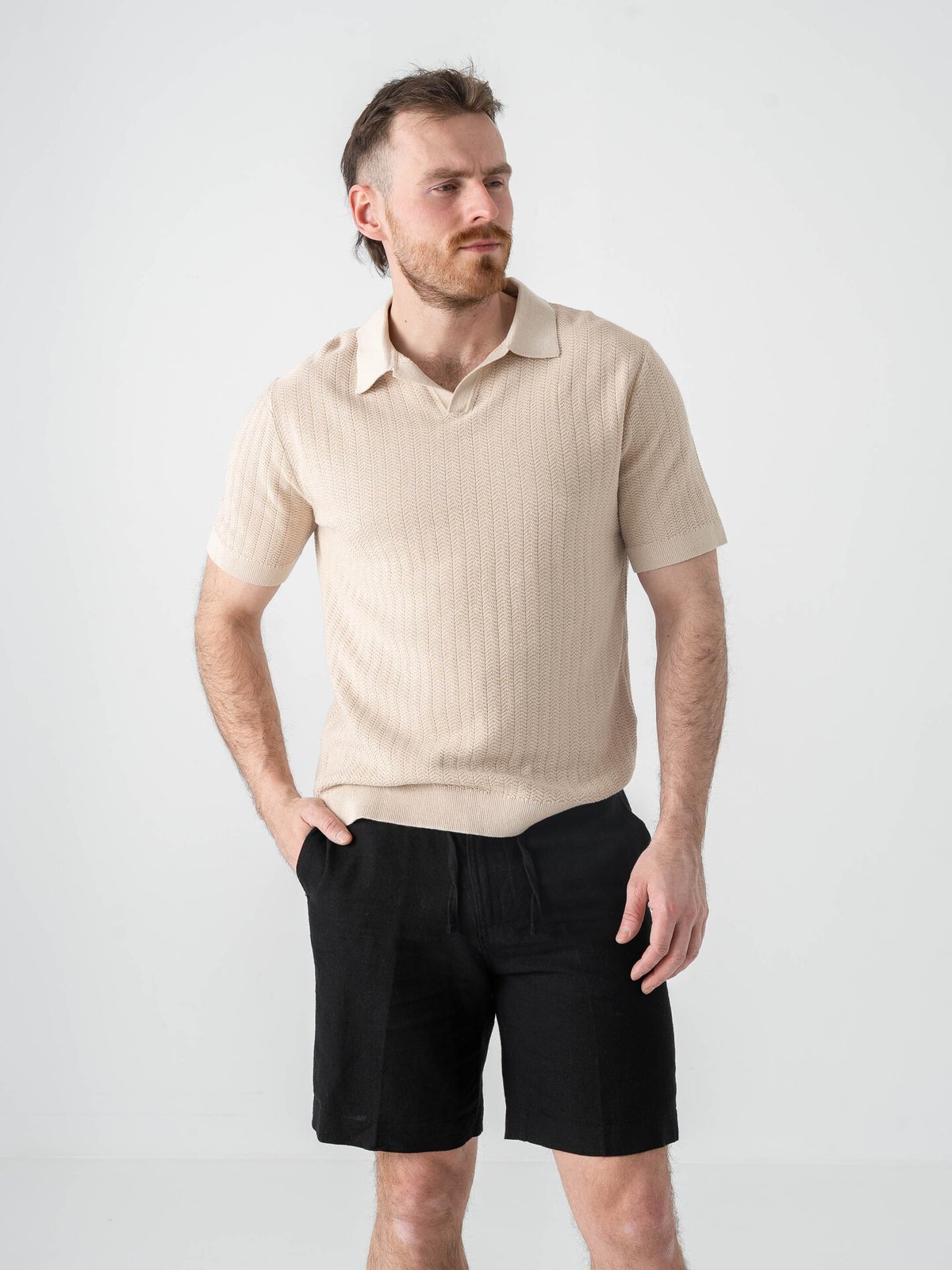 Selected Homme Mattis Short Sleeve Linen Blend Structure Open Polo Oatmeal