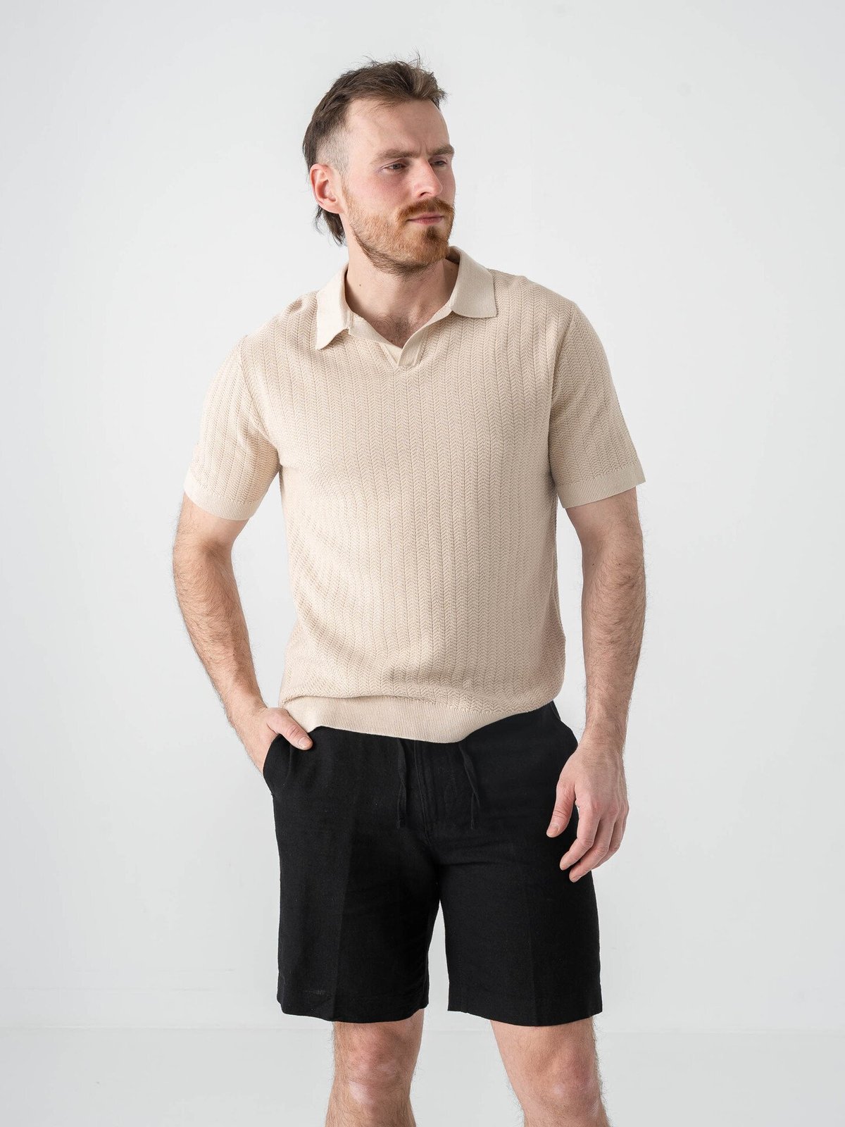 Selected Homme Mattis Short Sleeve Linen Blend Structure Open Polo Oatmeal