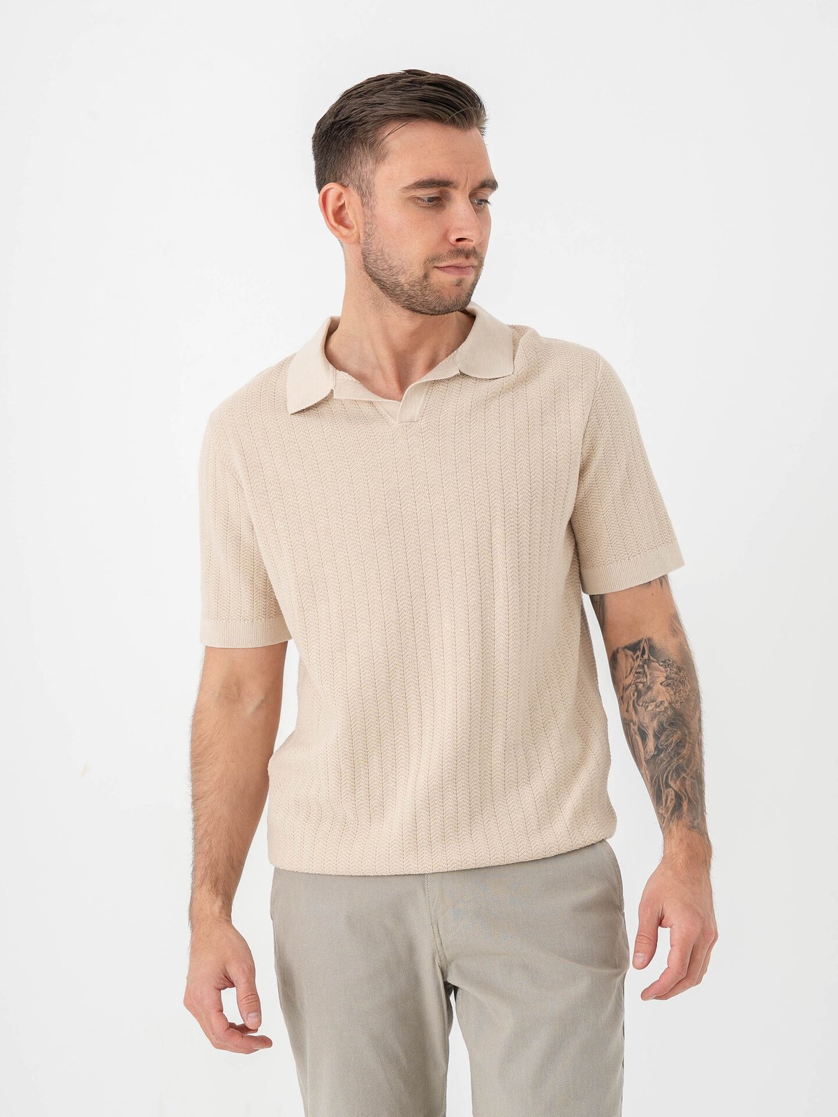 Selected Homme Mattis Short Sleeve Linen Blend Structure Open Polo Oatmeal
