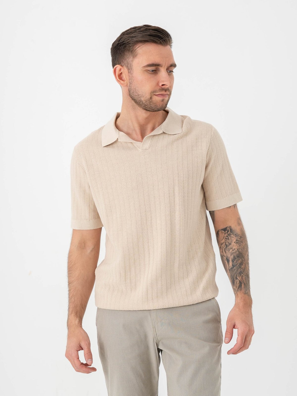 Selected Homme Mattis Short Sleeve Linen Blend Structure Open Polo Oatmeal