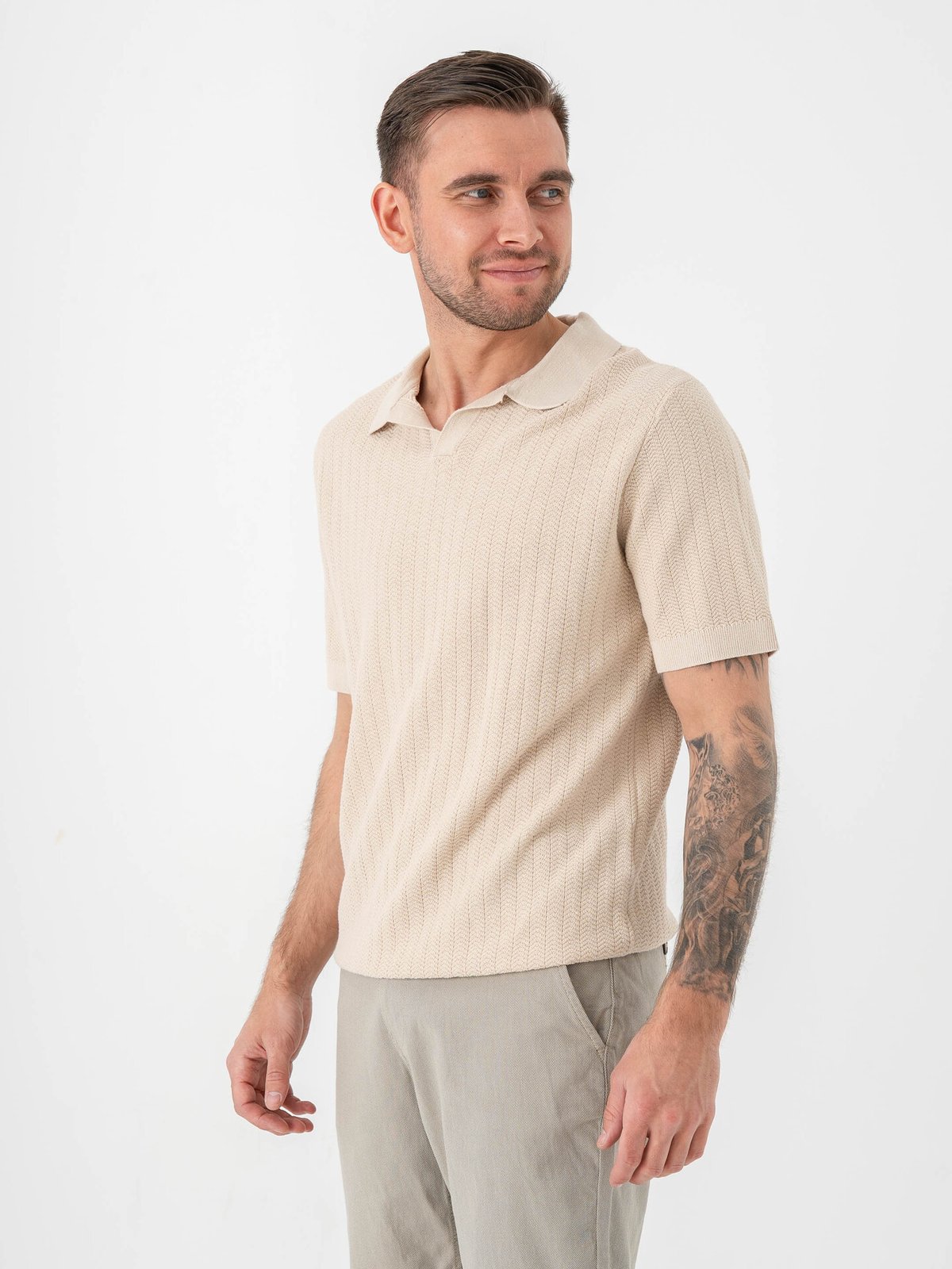 Selected Homme Mattis Short Sleeve Linen Blend Structure Open Polo Oatmeal