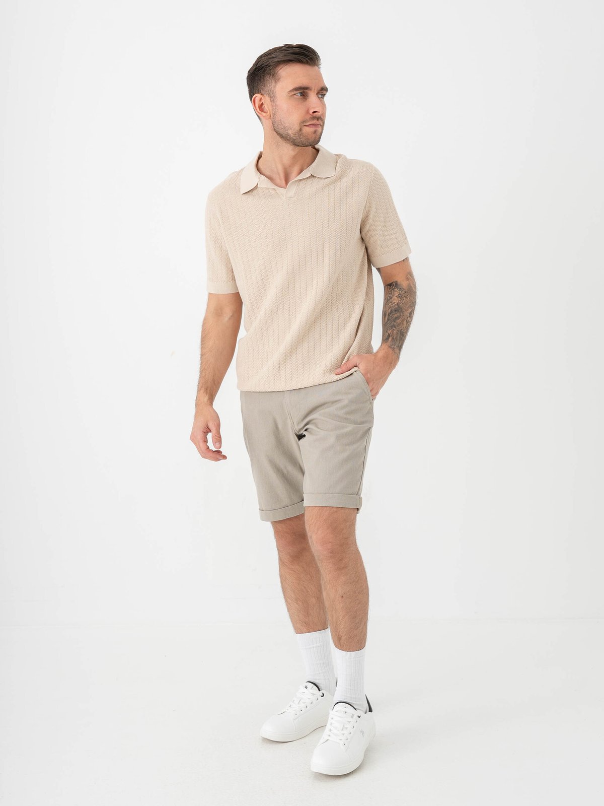 Selected Homme Mattis Short Sleeve Linen Blend Structure Open Polo Oatmeal