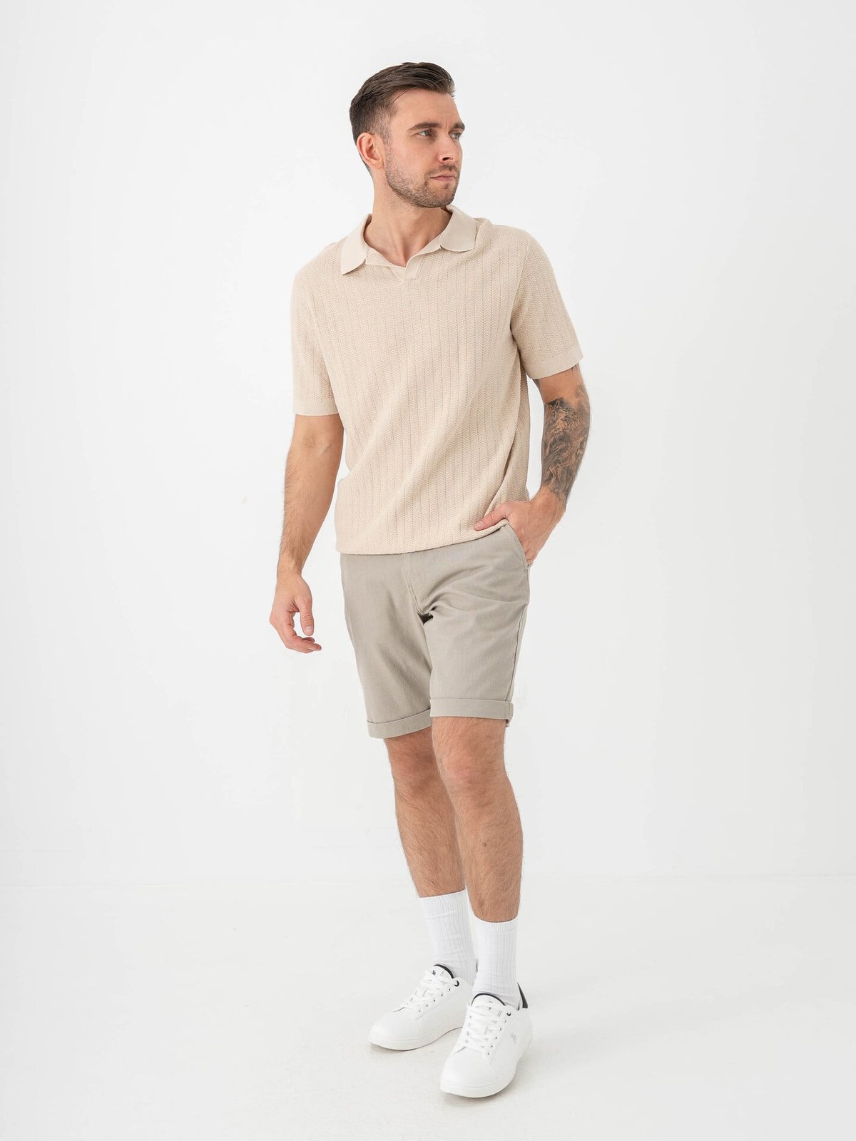 Selected Homme Mattis Short Sleeve Linen Blend Structure Open Polo Oatmeal