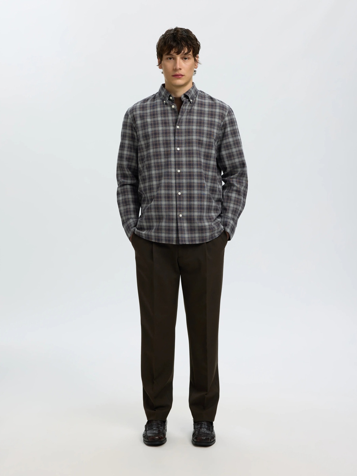 Selected Homme Regular Cole Jay Melange Long Sleeve Shirt Sky Captain Brown