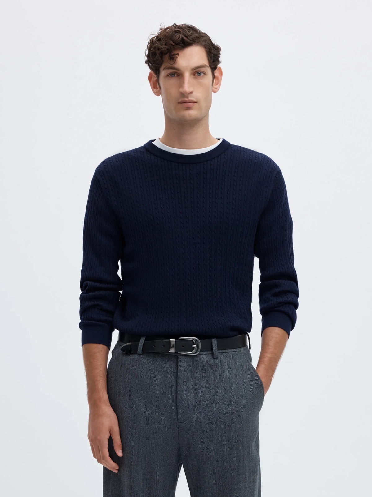 Selected Homme Tray Long Sleeve Knit Merino Cable Crew Navy Blazer