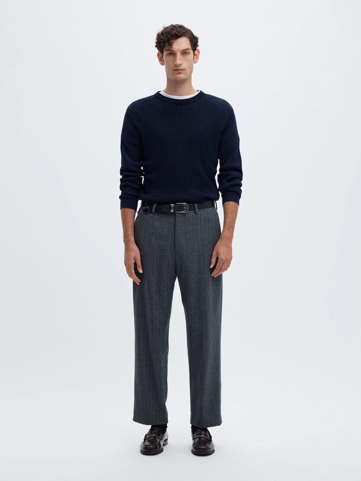 Selected Homme Tray Long Sleeve Knit Merino Cable Crew Navy Blazer