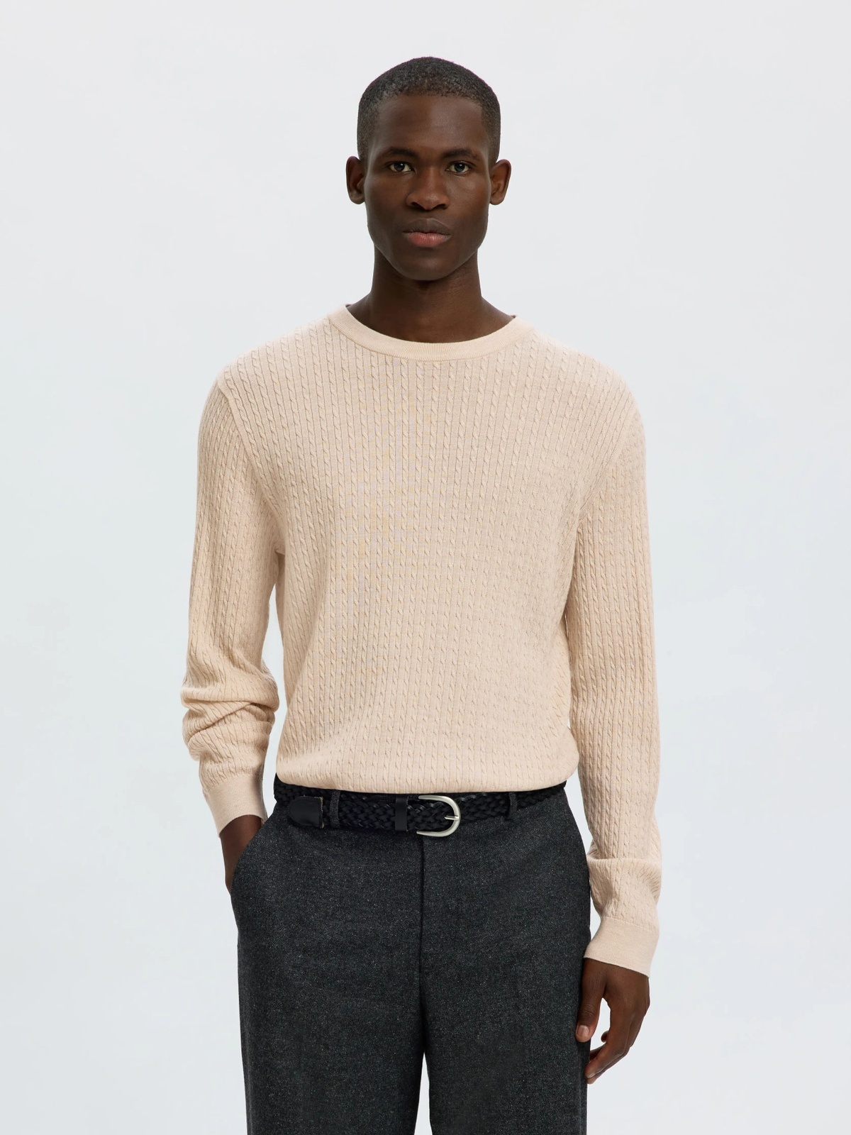 Selected Homme Tray Long Sleeve Knit Merino Cable Crew Oatmeal