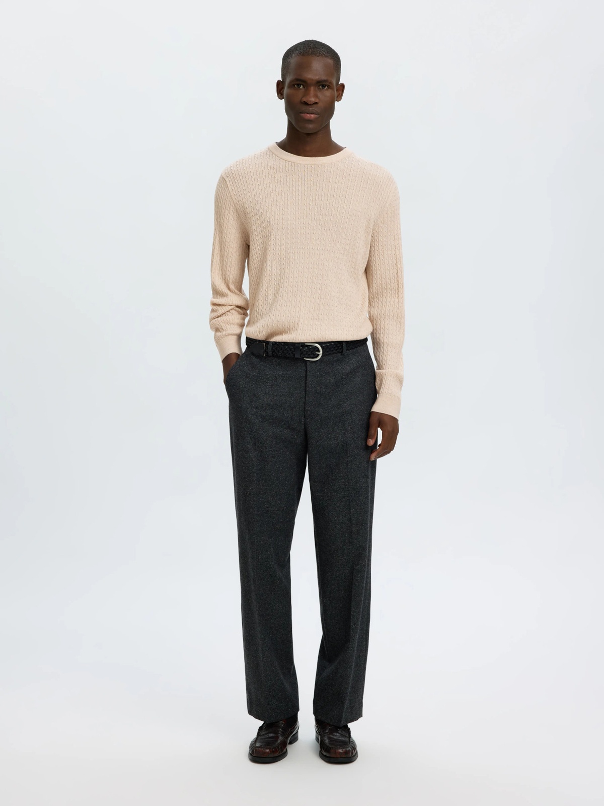 Selected Homme Tray Long Sleeve Knit Merino Cable Crew Oatmeal