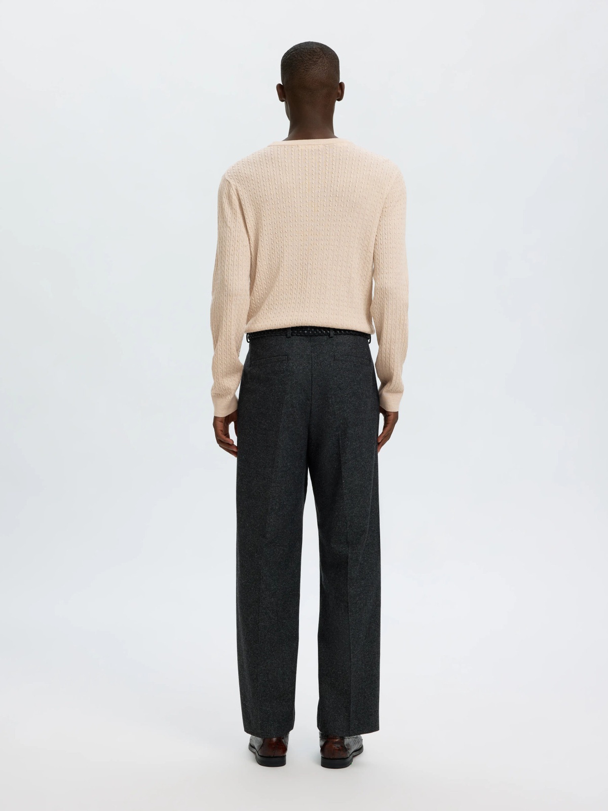 Selected Homme Tray Long Sleeve Knit Merino Cable Crew Oatmeal