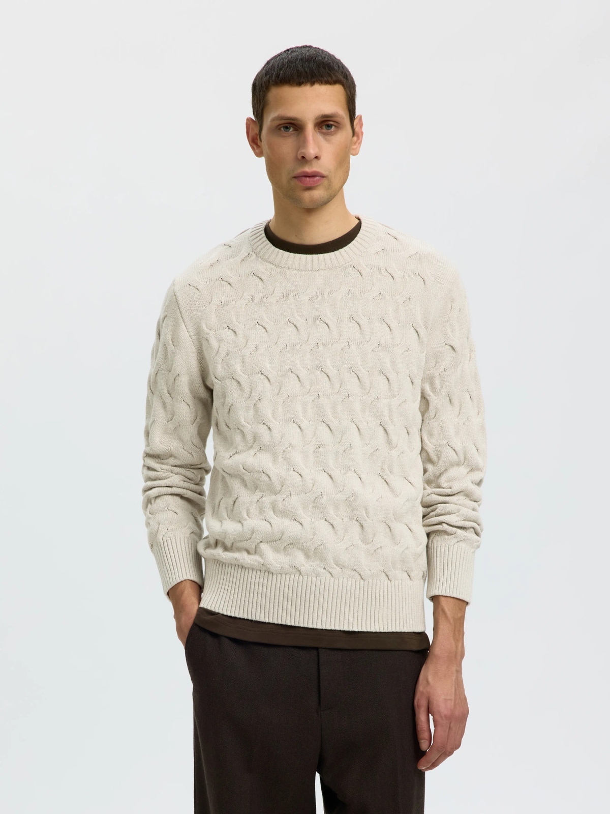 Selected Homme Carlos Long Sleeve Cable Crew Neck Silver Birch Melange