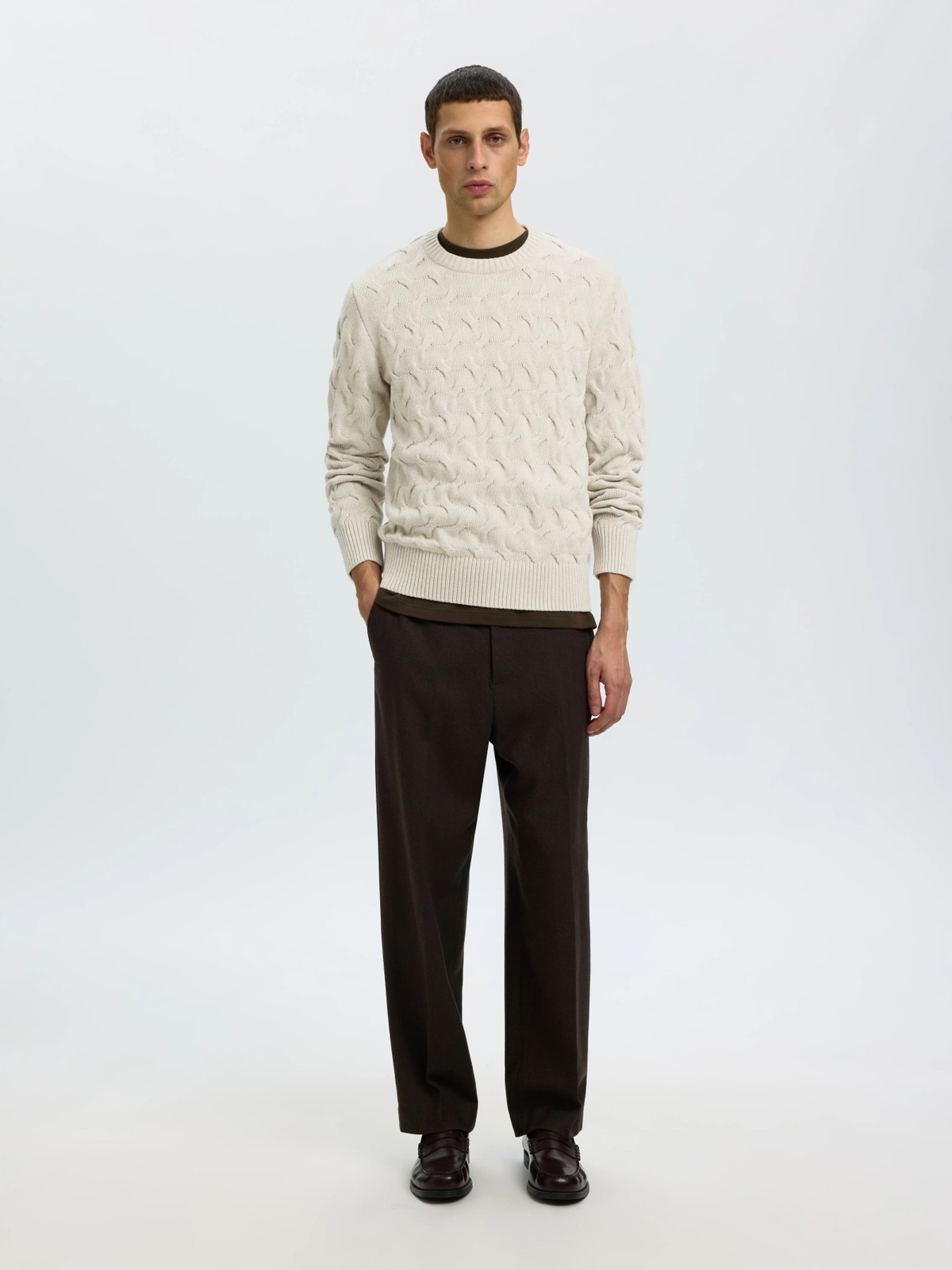 Selected Homme Carlos Long Sleeve Cable Crew Neck Silver Birch Melange