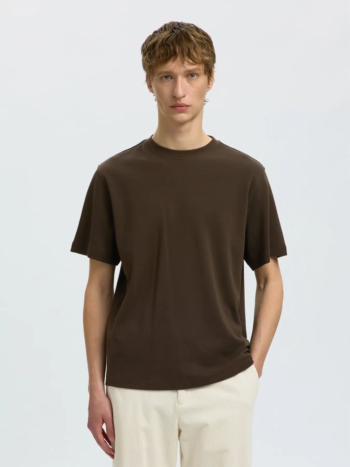 Selected Homme Taj Mid Weight Peach Short Sleeve O-Neck Tee Turkish Coffee