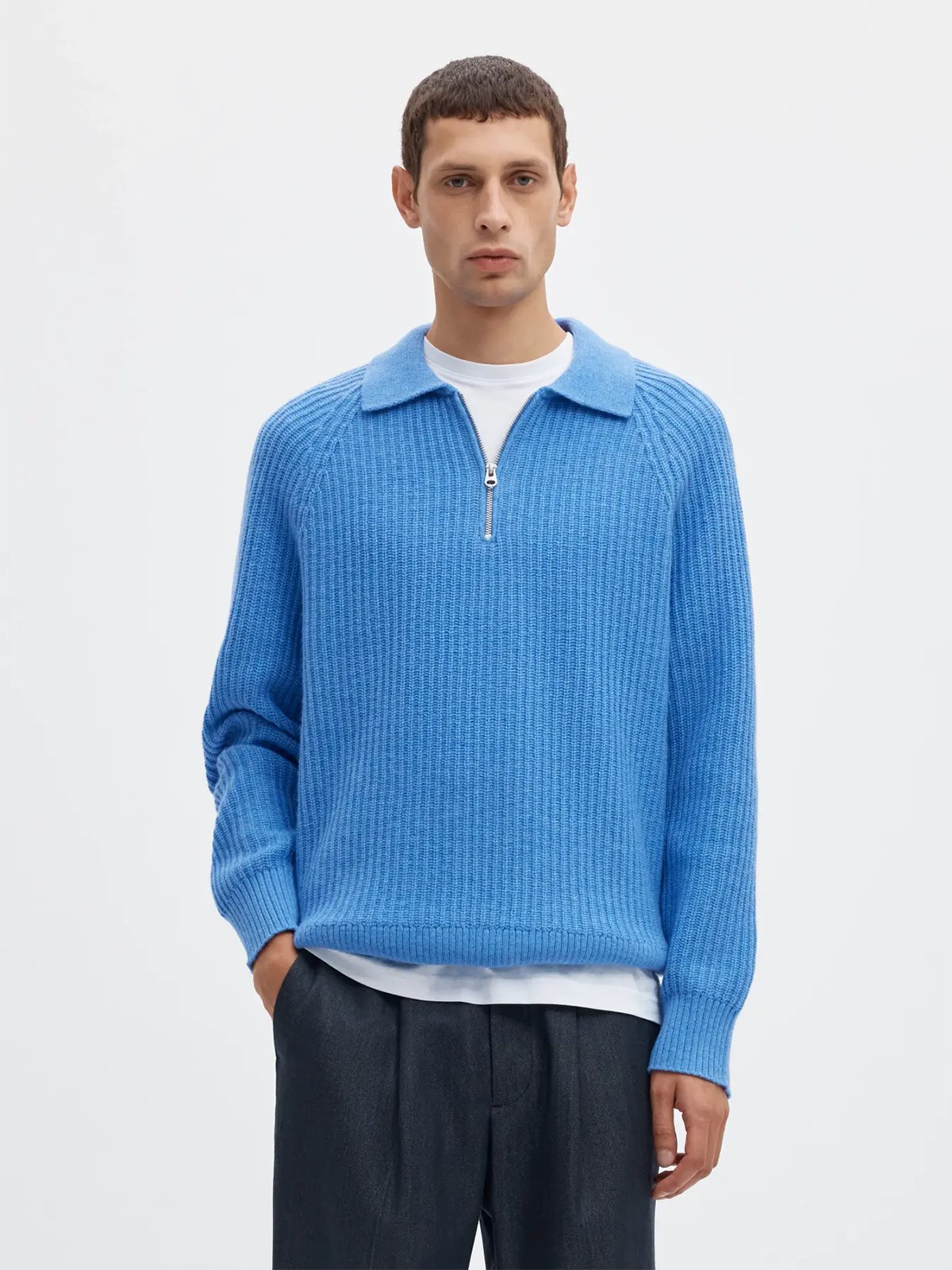 Selected Homme Ben Long Sleeve Knit Half Zip Polo Granada Sky