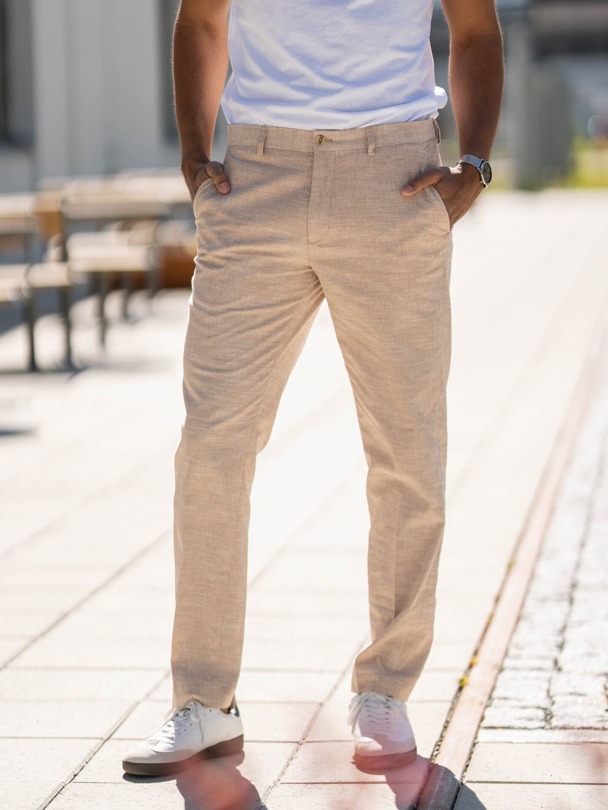 Jack and Jones Riviera Linen Trousers Slim Fit Beige