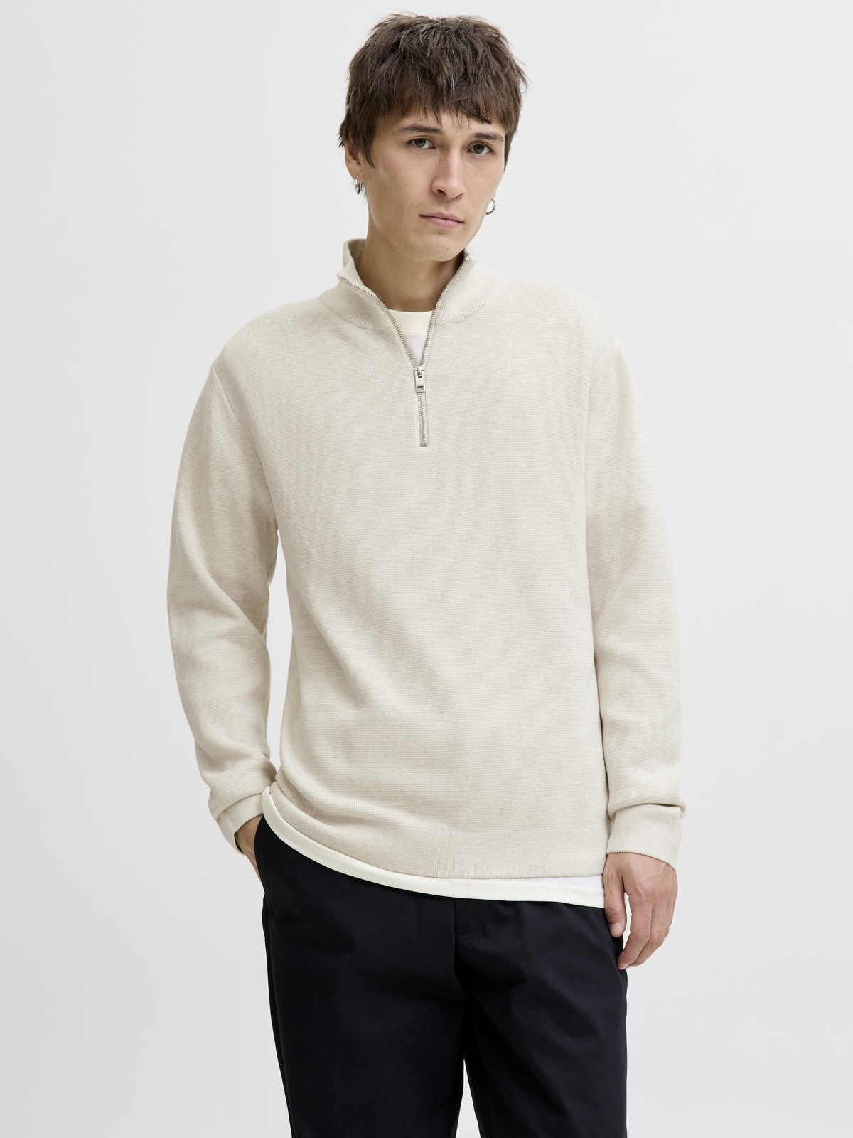 Jack and Jones Milano Stitch Knit Half Zip Cloud Dancer Melange