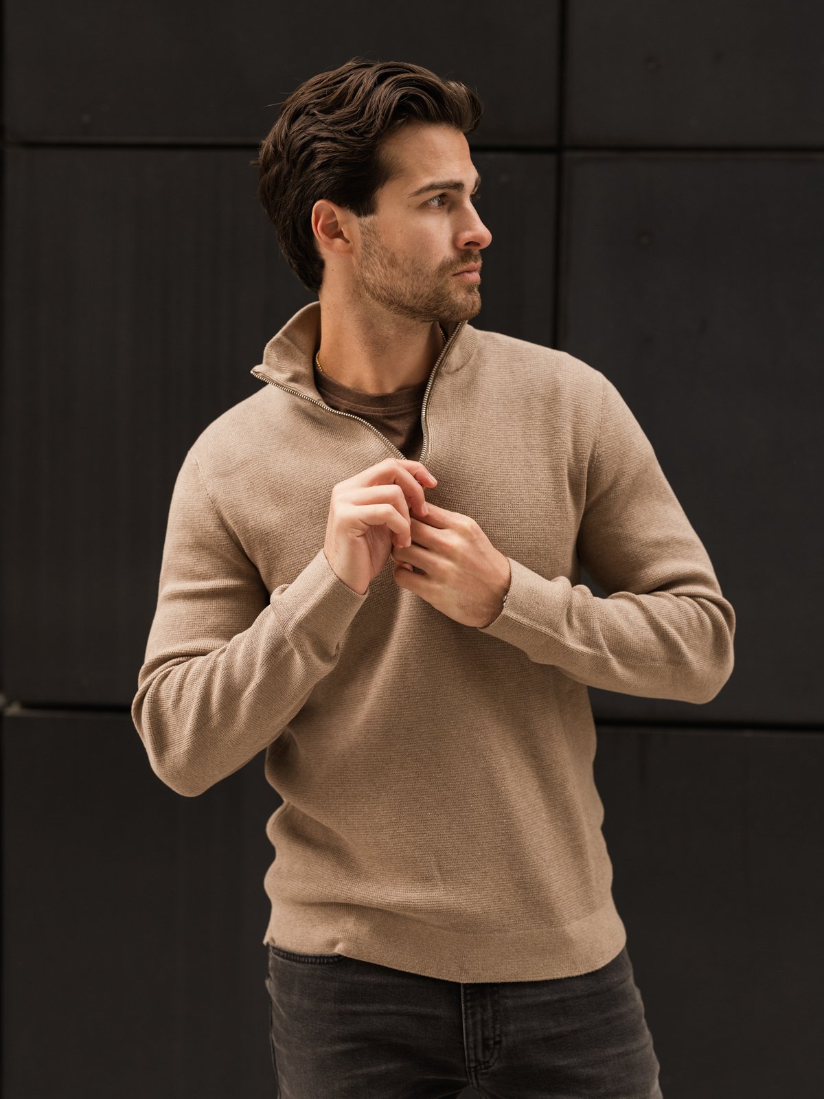 Jack & Jones Milano Stitch Knit Half Zip Greige Melange