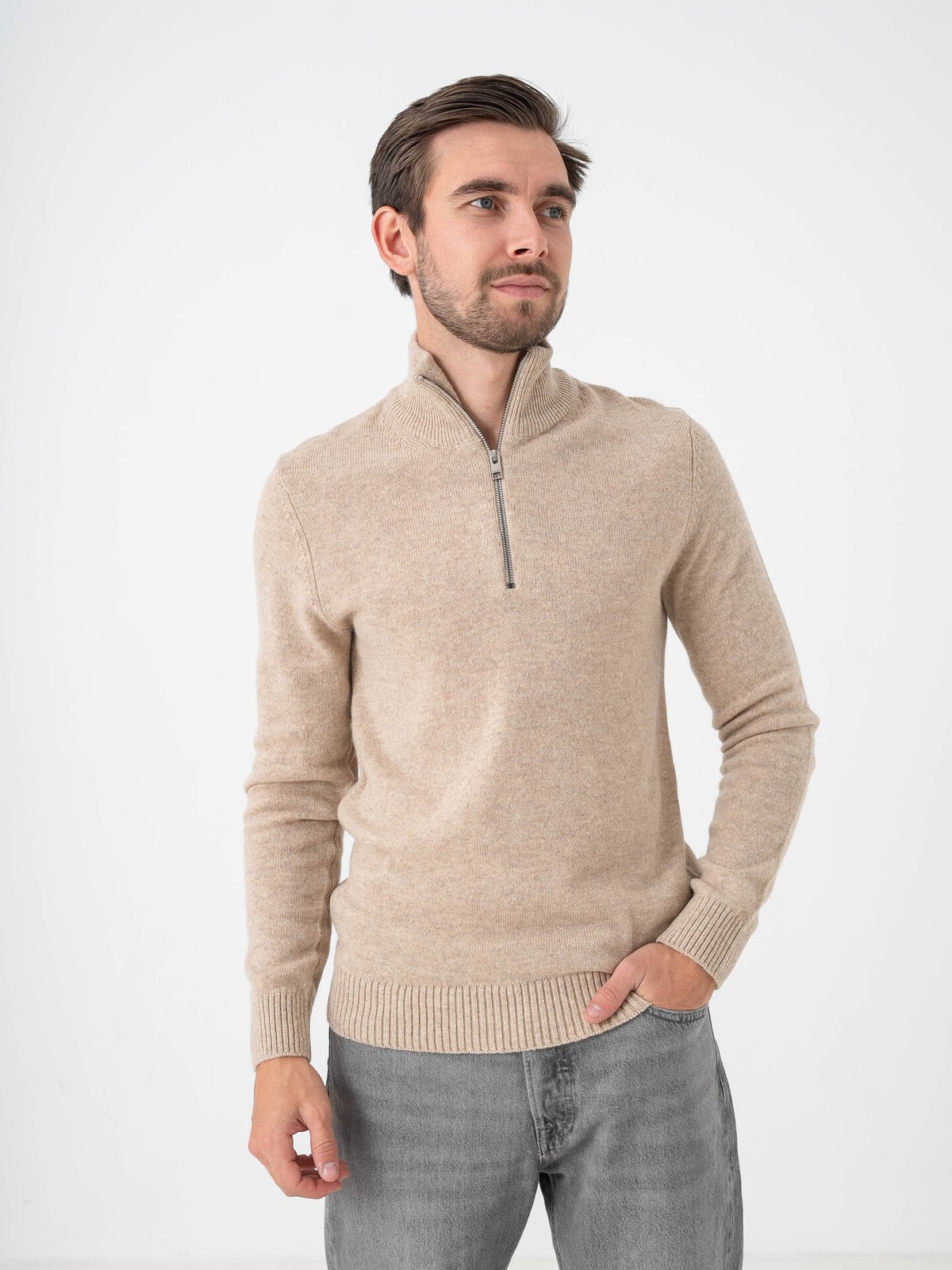 Jack and Jones Lambswool Knit Half Zip Oatmeal Melange