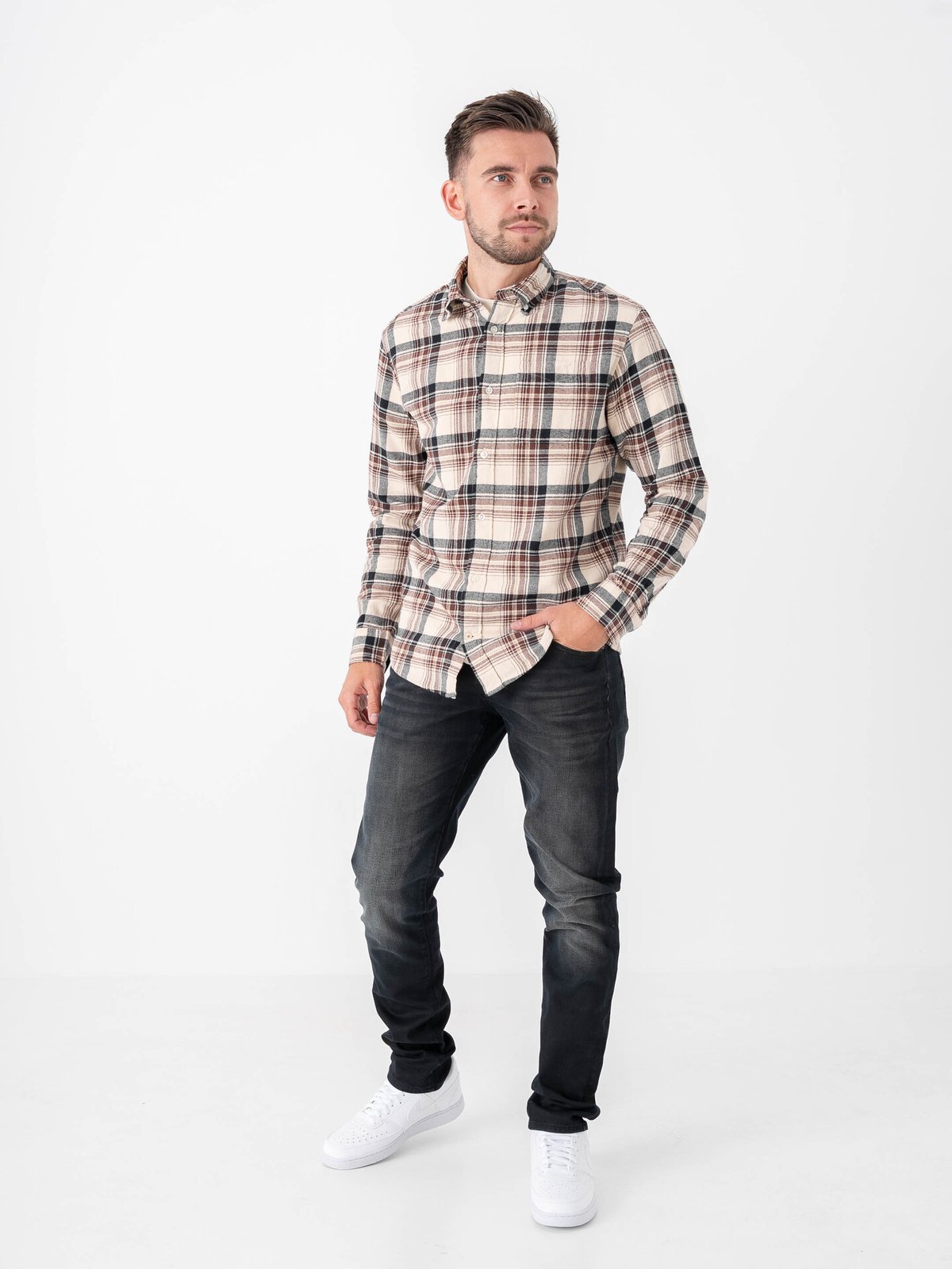 Jack and Jones Classic Flannel Check Shirt Long Sleeve Antique White