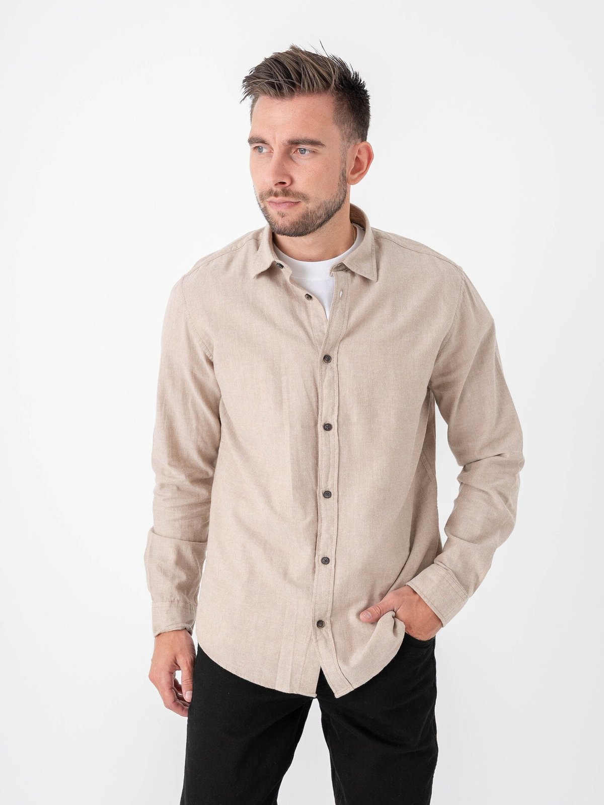 Jack and Jones Classic Melange Shirt Long Sleeve Oatmeal