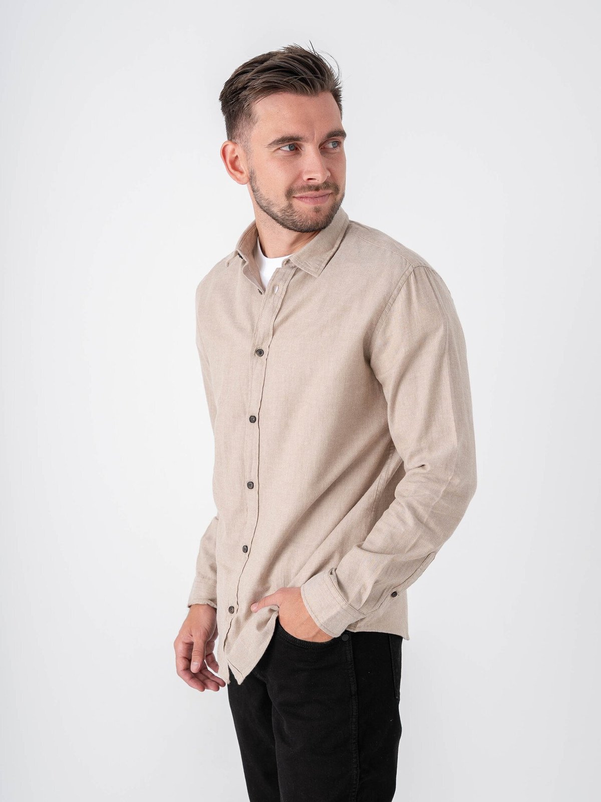 Jack and Jones Classic Melange Shirt Long Sleeve Oatmeal