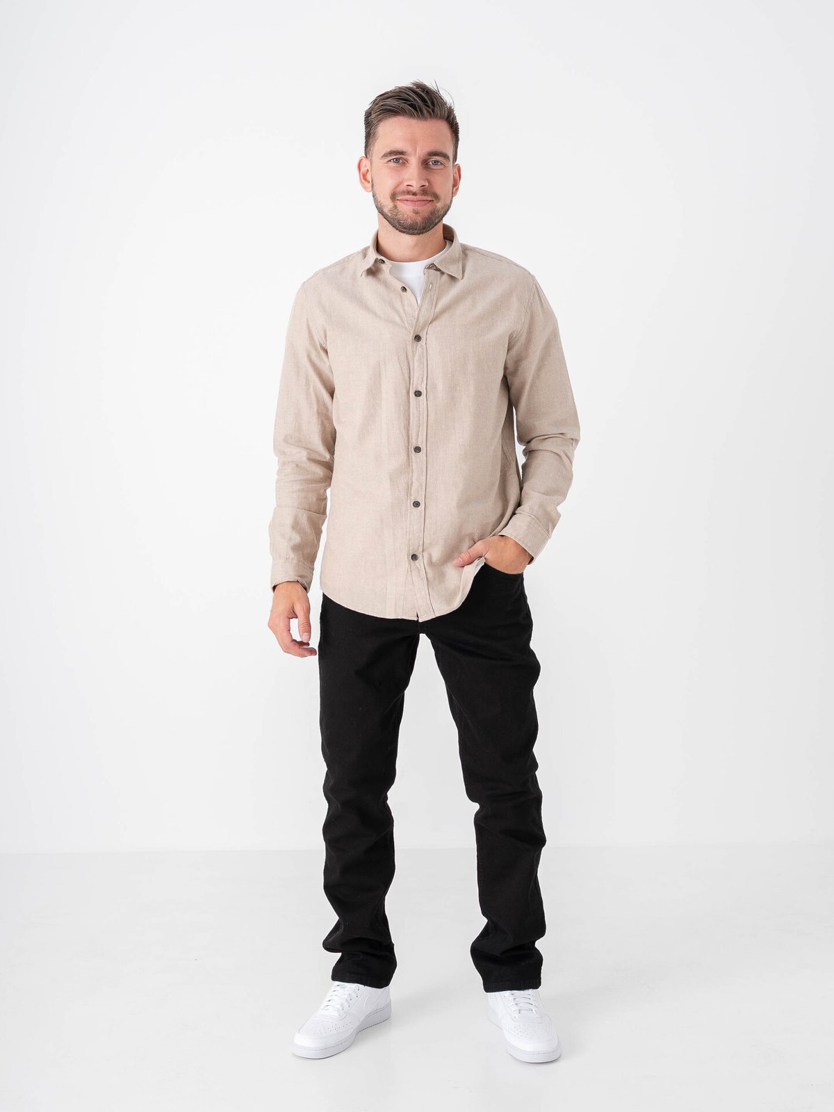 Jack and Jones Classic Melange Shirt Long Sleeve Oatmeal