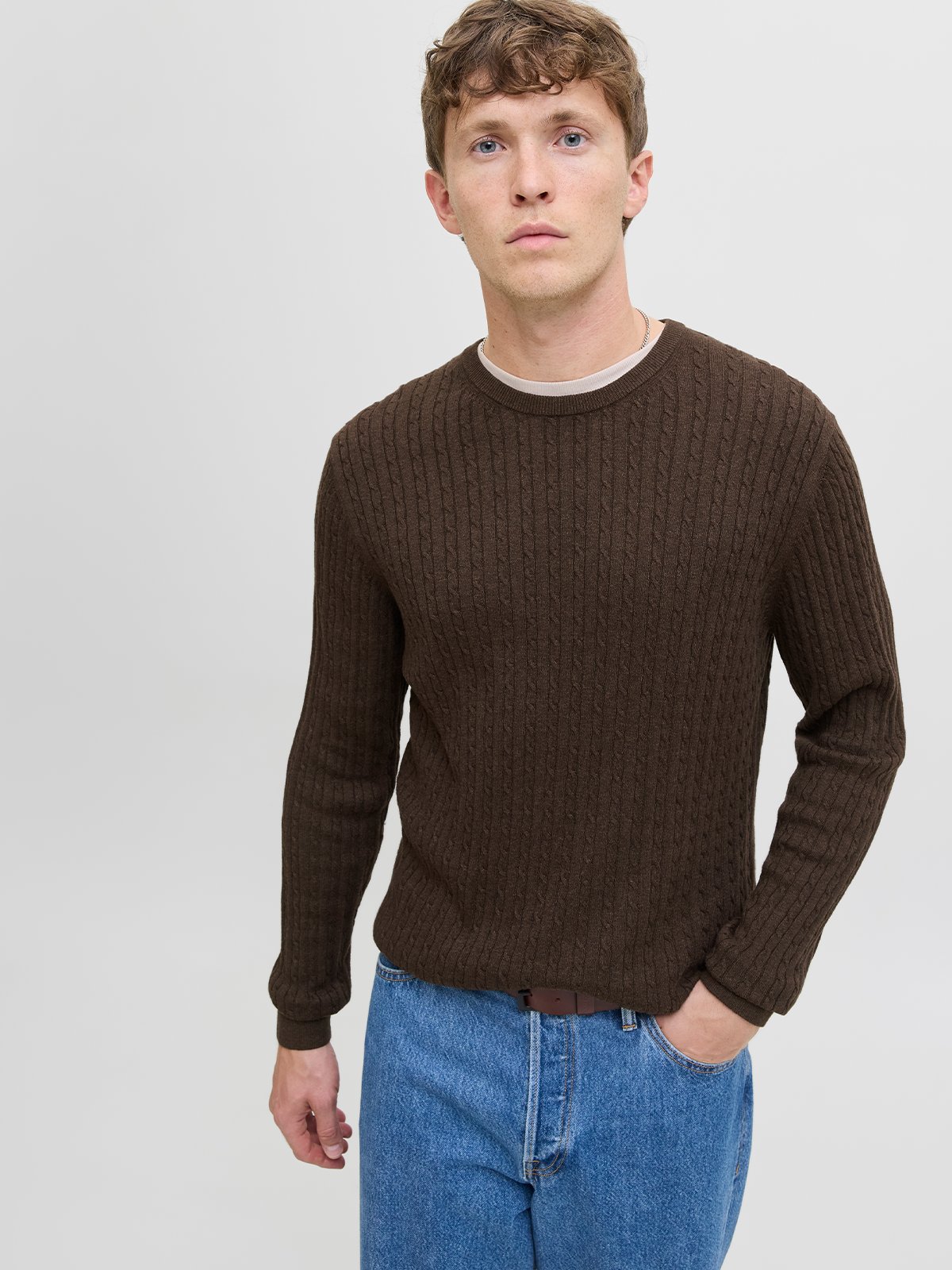 Jack and Jones Emil Knit Cable Crew Neck Mulch TWIST