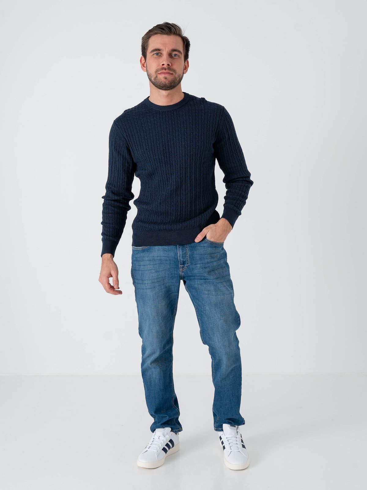 Jack and Jones Emil Knit Cable Crew Neck Navy Blazer