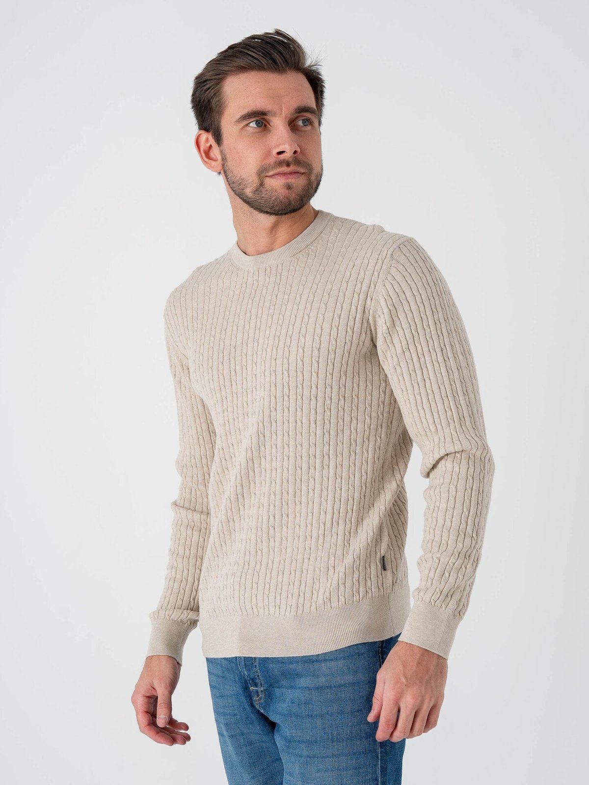 Jack and Jones Emil Knit Cable Crew Neck Oatmeal Melange