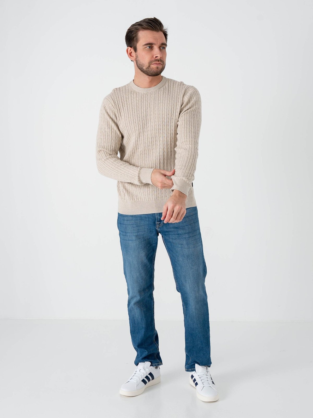 Jack and Jones Emil Knit Cable Crew Neck Oatmeal Melange