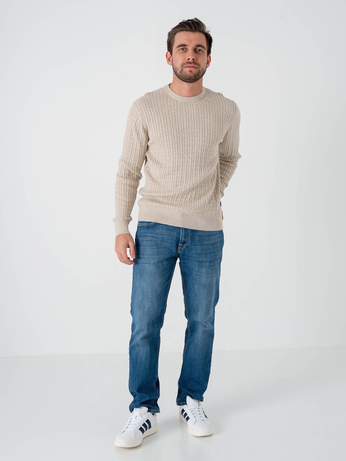 Jack and Jones Emil Knit Cable Crew Neck Oatmeal Melange