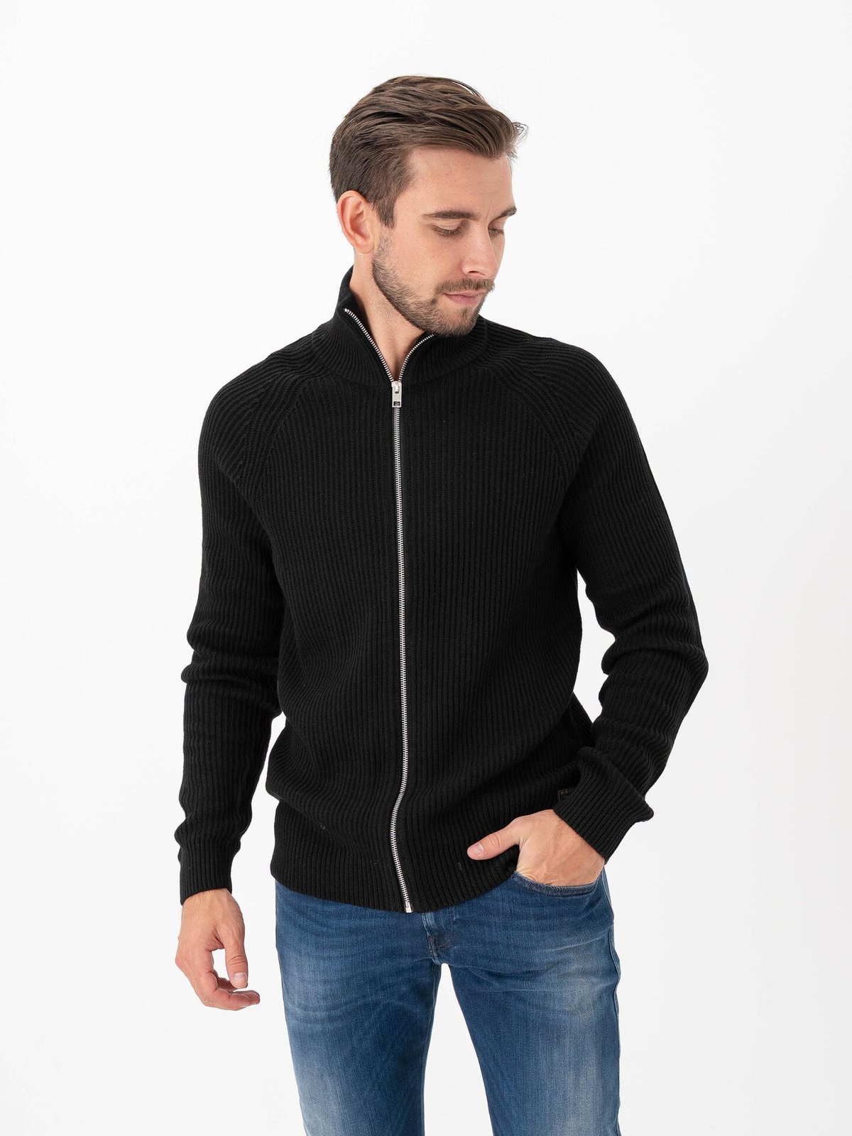 Jack and Jones Pannel Knit Half Zip Cardigan Black